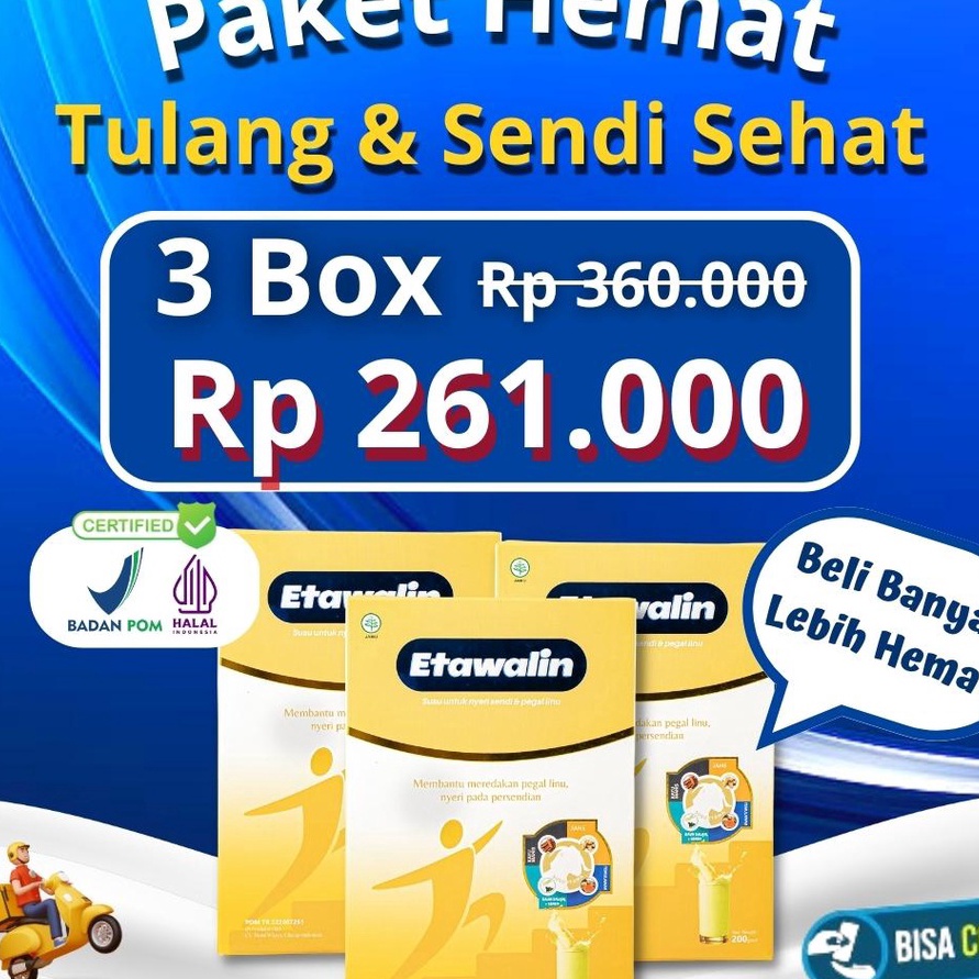 

DiSkon Etawalin Paket 3 Box Susu Kambing Etawa Premium Mengobati Nyeri Sendi dan Asam Urat 2 Gram