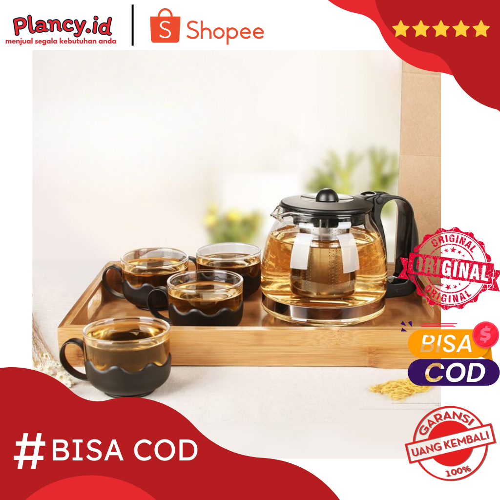 Plancy.id - Tea pot set aesthetic Isi 5 [BISA COD] Kaca Tebal / teko set gelas kaca estetik set gela