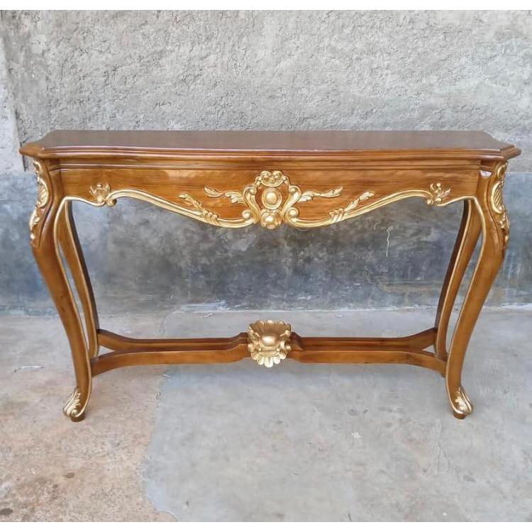 meja konsul jati, meja hias kayu jati, meja pajangan ukir emas