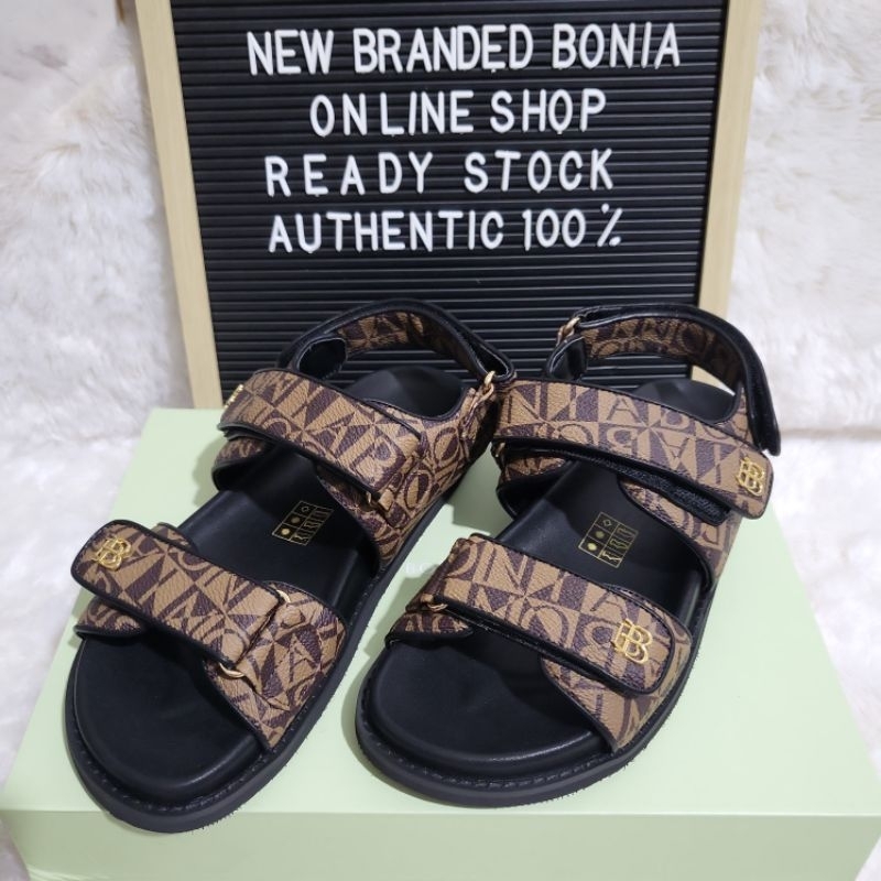 sandal gunung wanita bonia original flat shoes monogram coklat
