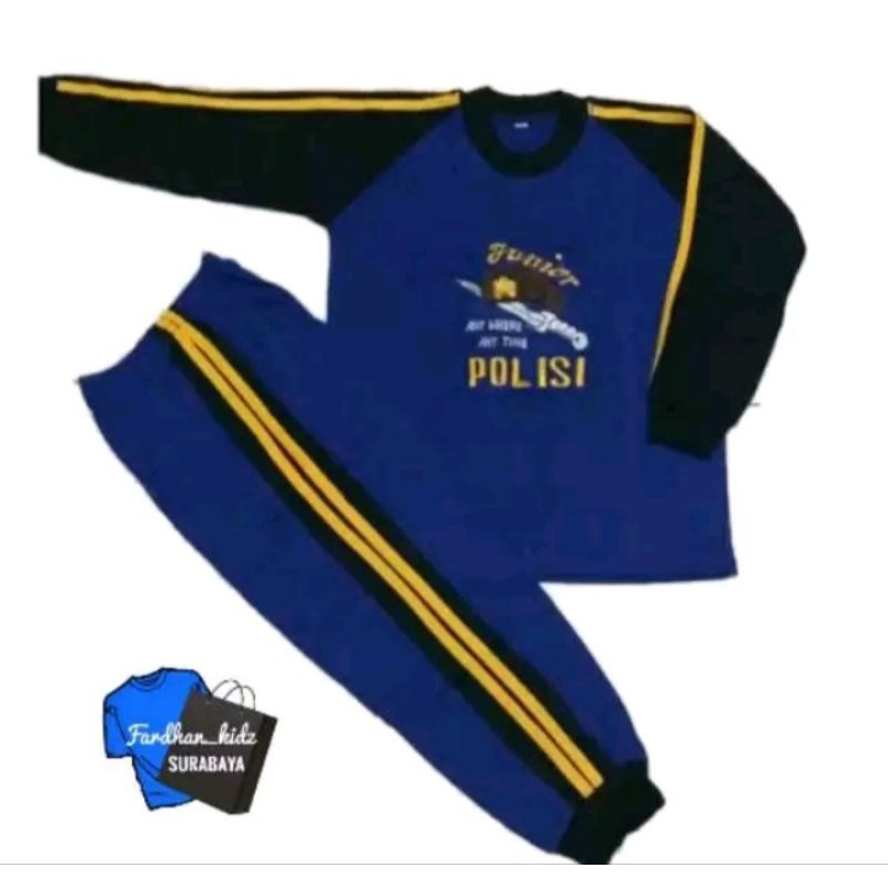 Baju kaos setelan anak lengan panjang "polisi "berwarna biru dan coklat
