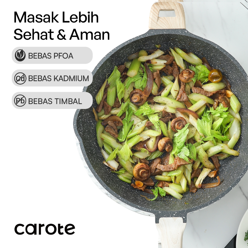 CAROTE Essential Woody Panci Wajan Penggorengan Besar Anti Lengket 24/28/30/32cm Lengkap Dengan