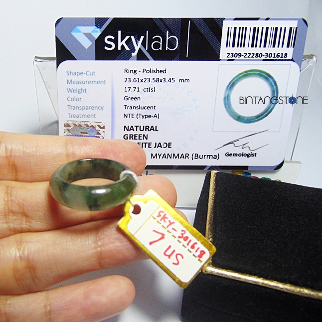 Cincin Giok Burma Asli Type A + Memo Skylab Jade Jadeite Fei Cui Ring Giok Cina Ori Sertifikat China