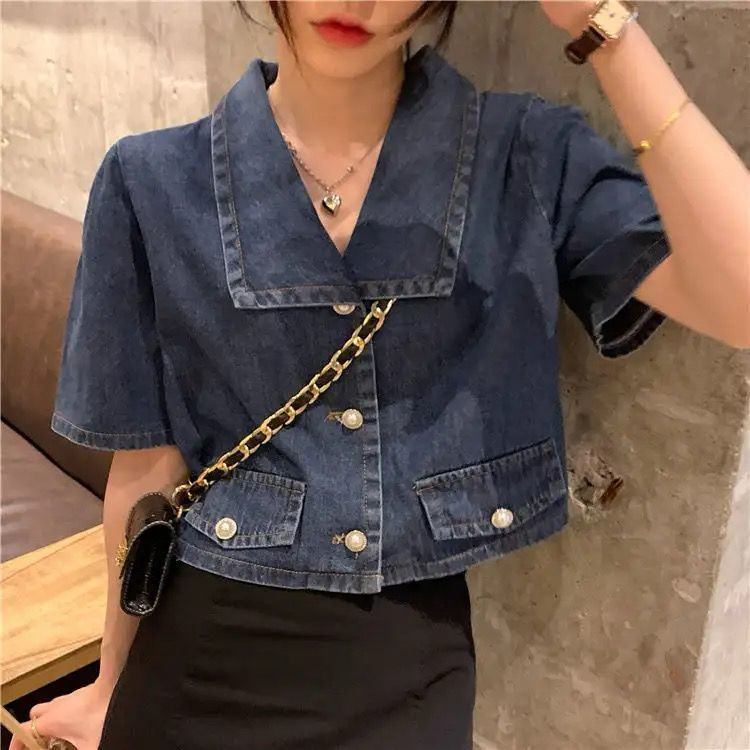 COD-Crop Top Oversize Denim Wash Wanita / Blazer Crop Jeans Outfit Jeans Korean Remaja