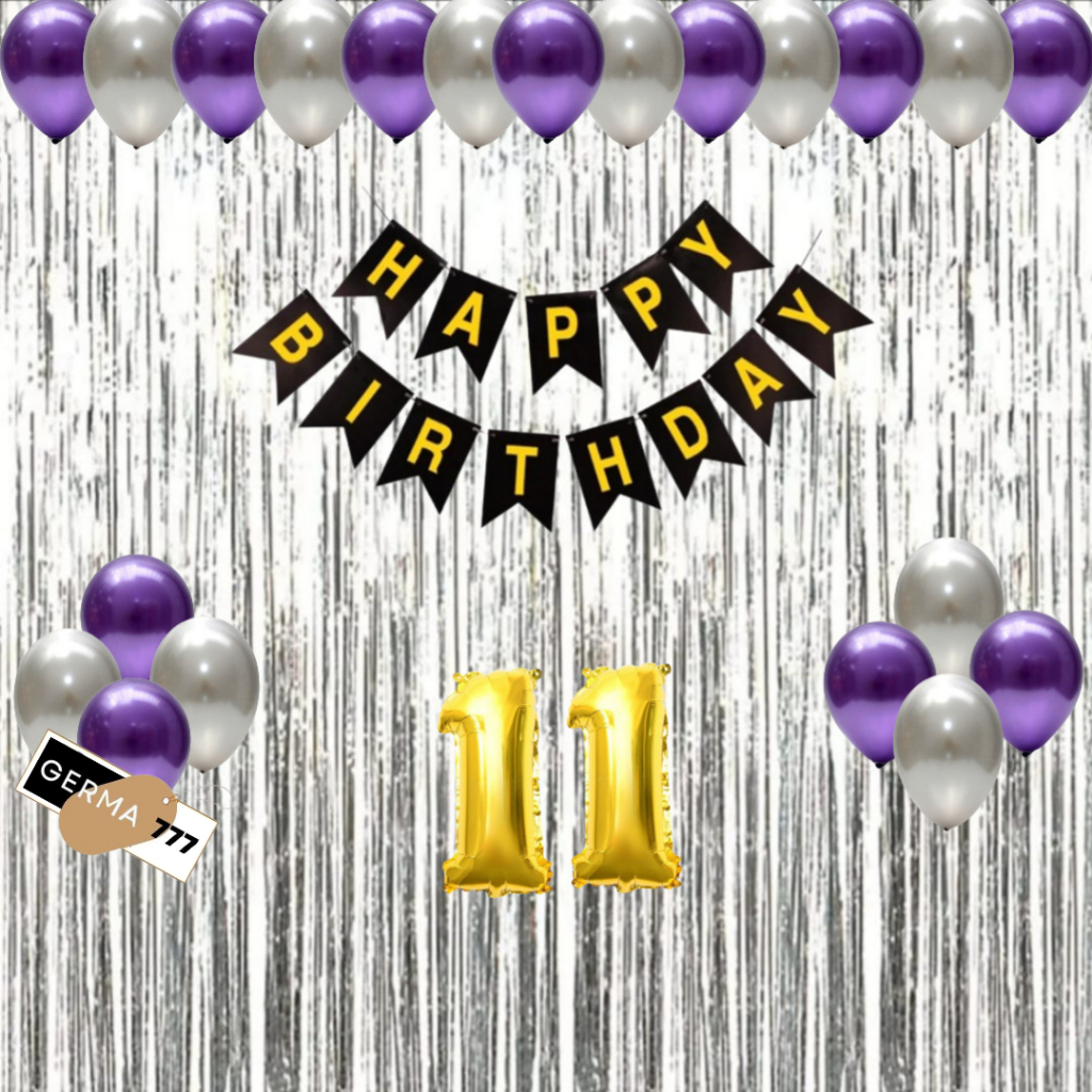 Set Dekorasi Ulang Tahun Anak Cewek Cowok Banner Happy Birthday Tirai Silver Paket Hemat