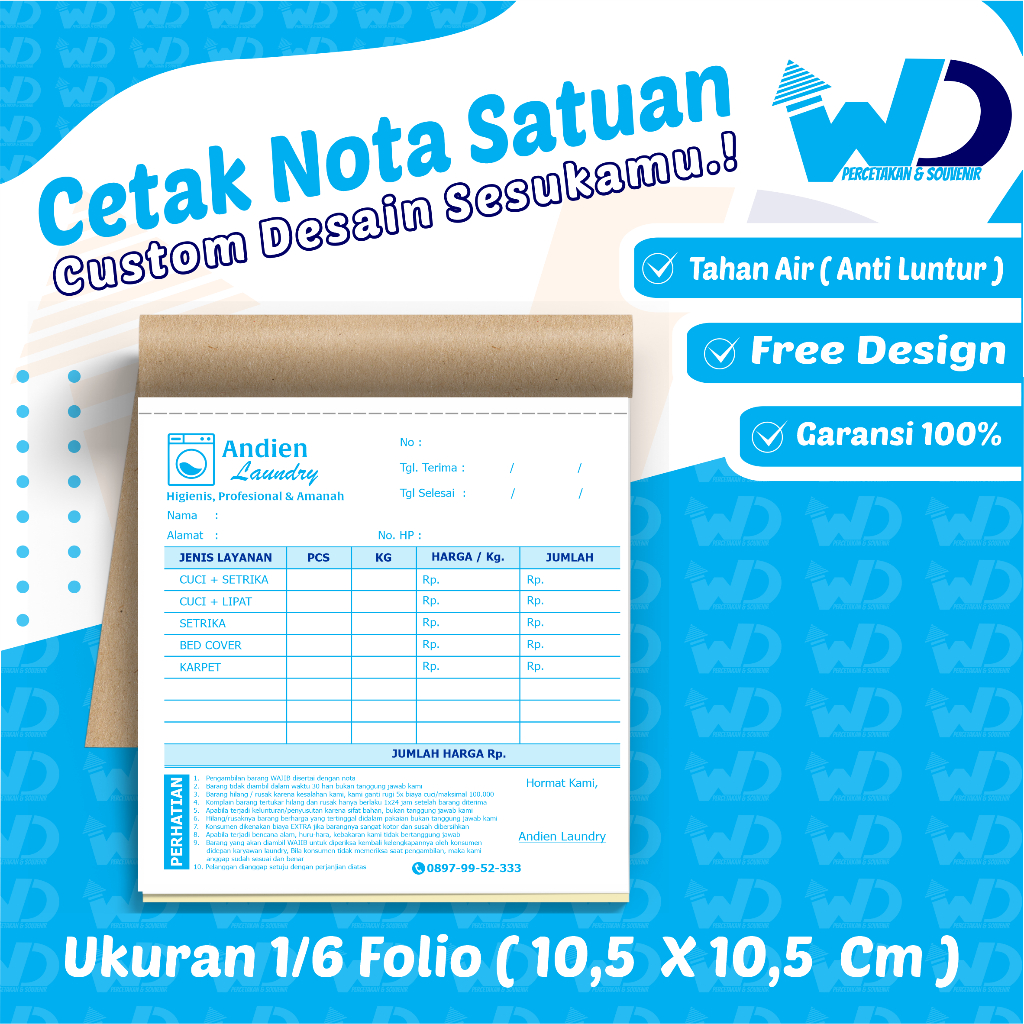 

Cetak Nota Custom 2 ply / 1 ply ukuran 1/6 Folio 10,5 x 10,5 cm