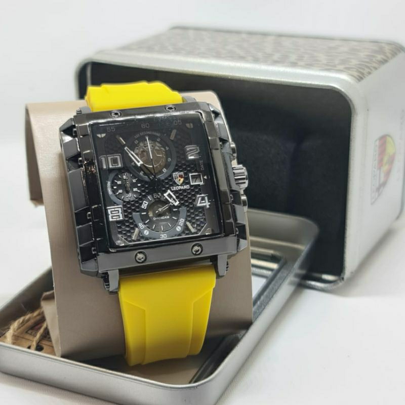 Jam tangan pria Mewah LEOPARD LP-8826 Tali Rubber Yellow Chrono aktif Original