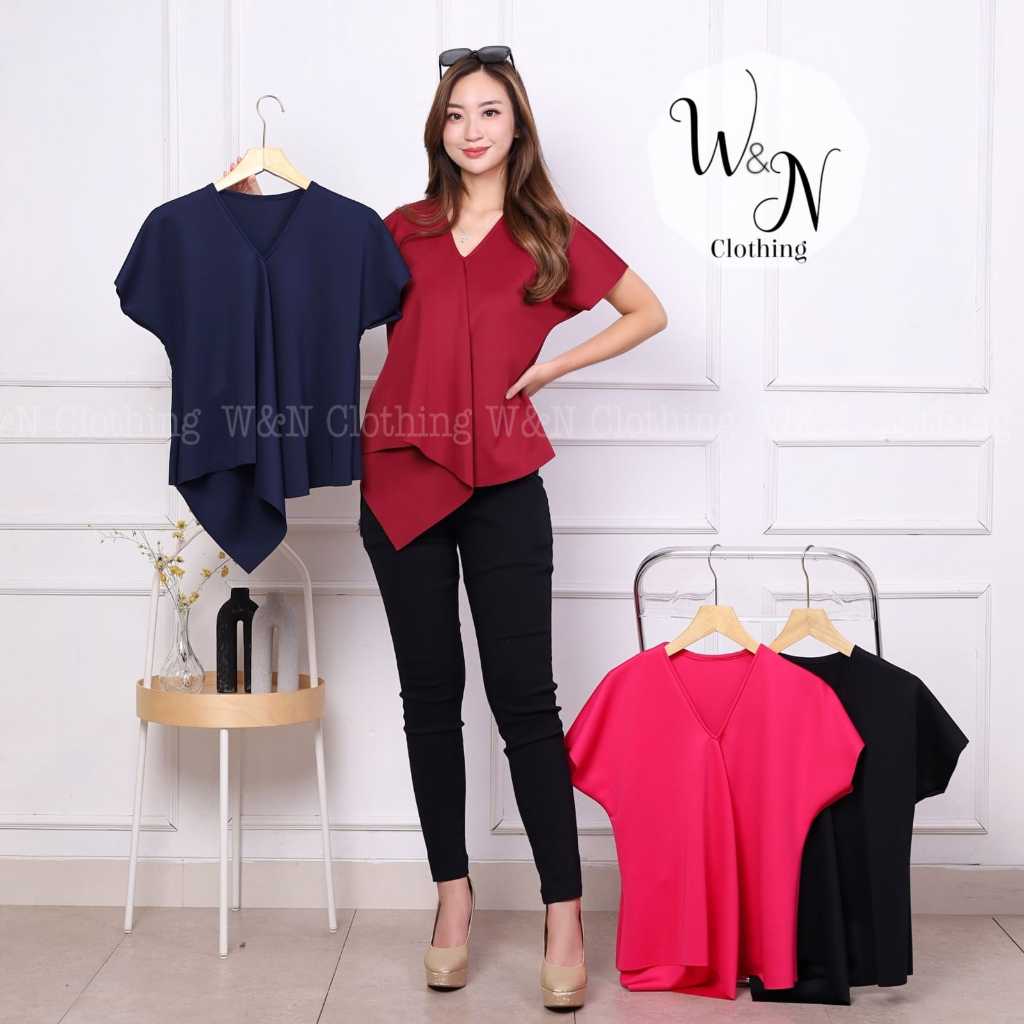 Atasan Wanita Blouse Scuba Premium Import V-Neck Top Polos - Blus Scuba Premium Wanita 6015