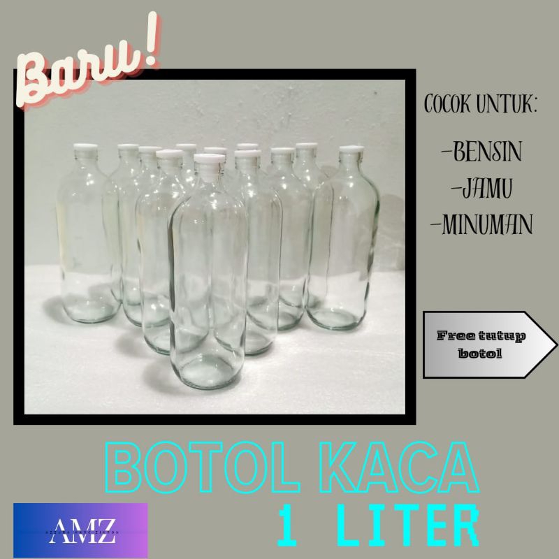 botol bensin eceran kaca ukuran 1 liter 20pcs botol  free tutup