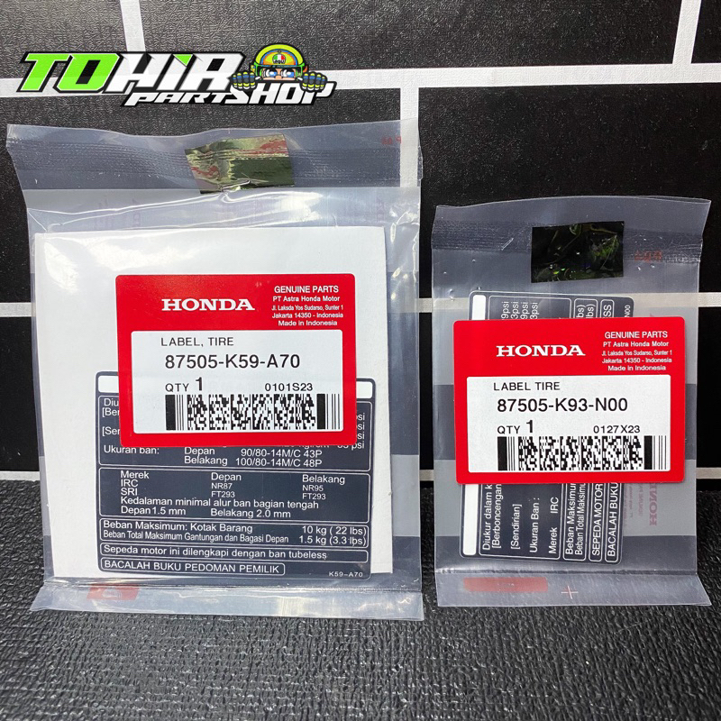 Sticker Label informasi Ban Dek body Honda