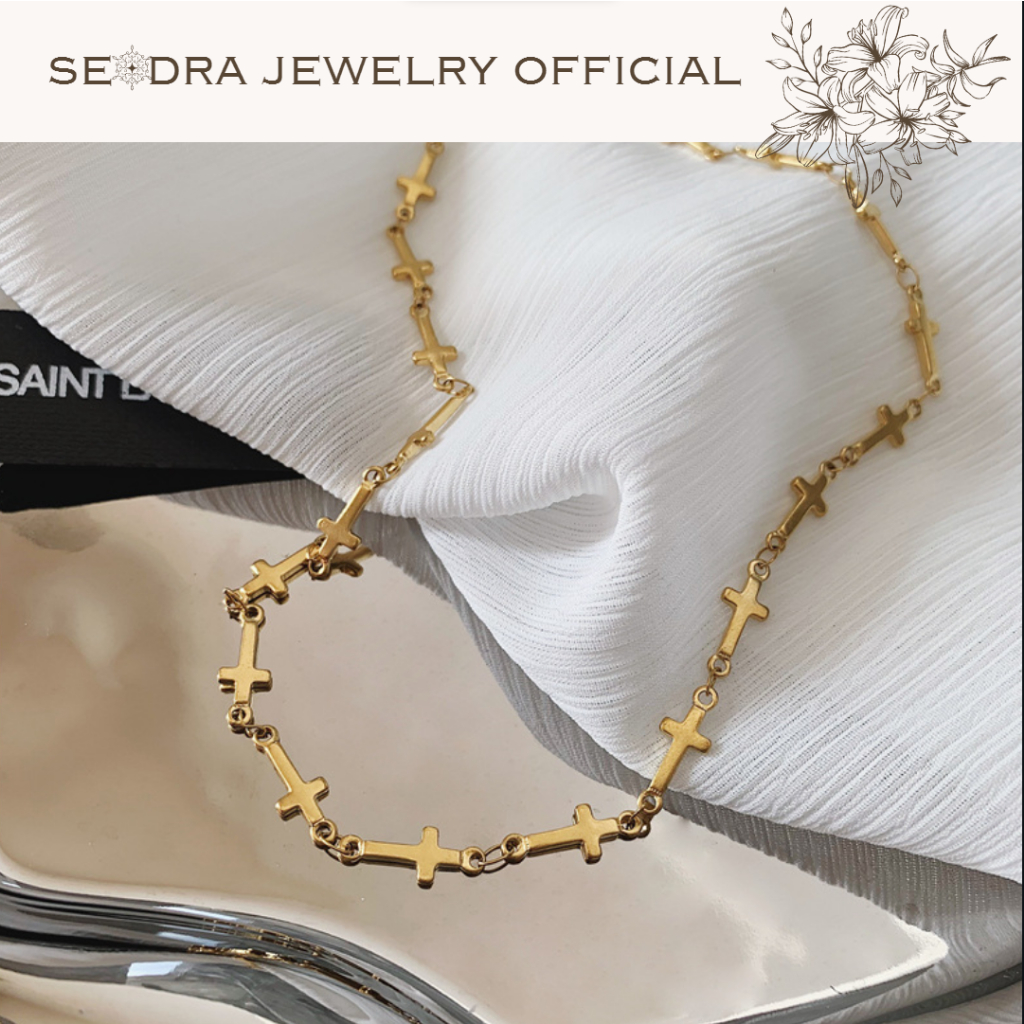 SEODRA • Kalung Cross Salib • Kalung Salib Melingkar Full • Perhiasan Kalung Wanita Anti Hitam Anti 