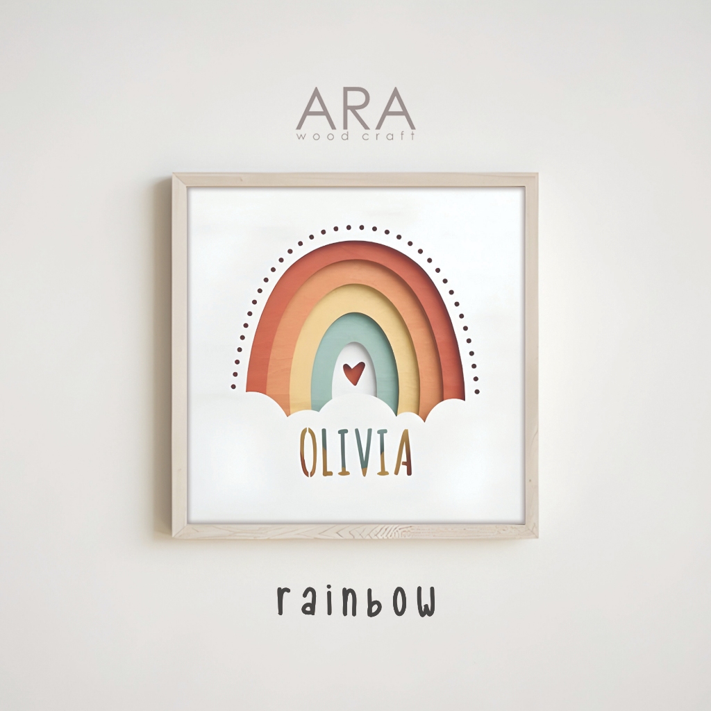 Arawooden Papan Nama Bayi 3D Shadow Box Rainbow Bentuk Pelangi