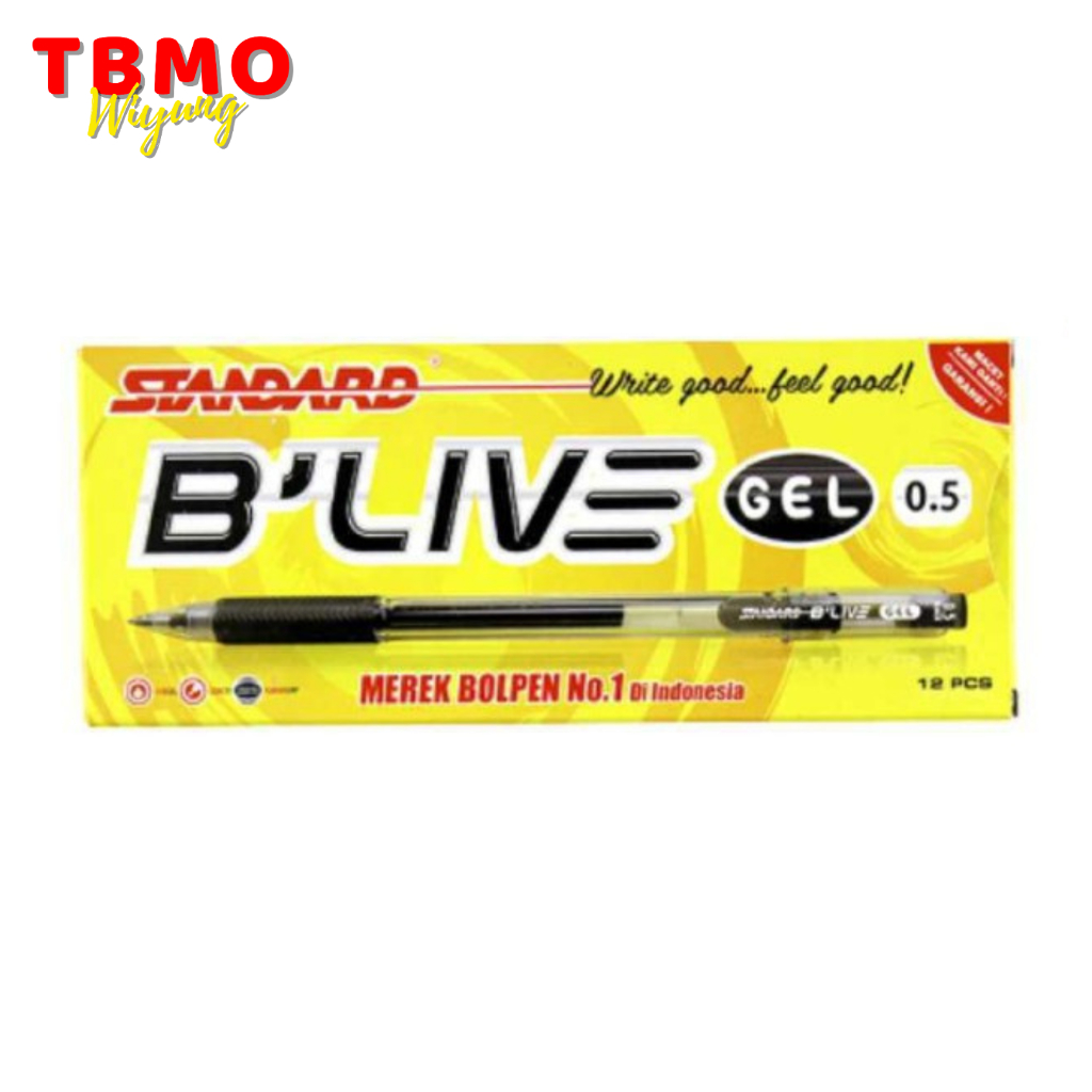 

( 1 Pack )TBMO Bolpen/ Pulpen / Gel Pen Standard BLIVE Gel 0.5 Hitam Isi 12