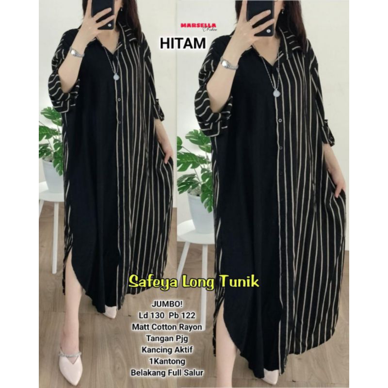 Safeya Long Tunik Import Jumbo Oversize Motif Garis Salur Full Kancing