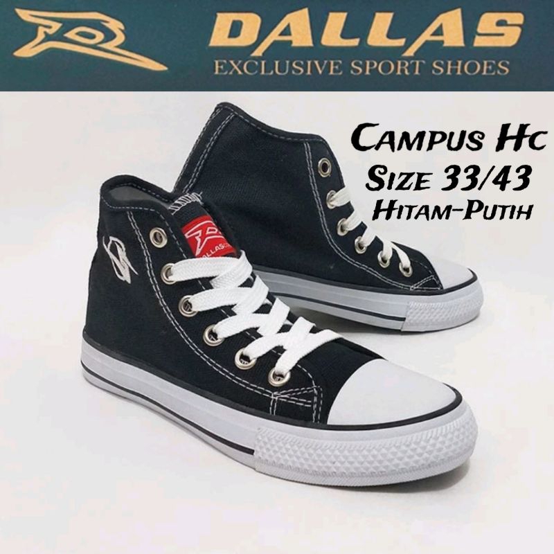 Sepatu Sekolah Kerja Kuliah Cowok Cewek Dallas Campus Hc Tinggi Tali Hitam Putih Size 37 sd 42 Origi
