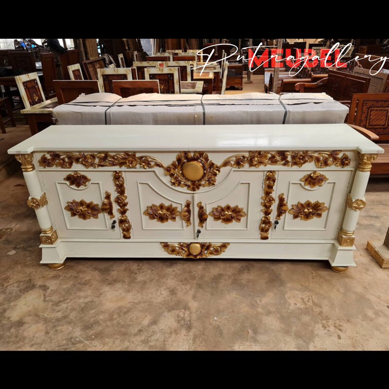 Bufet Meja TV Ukir Rembulan Full Kayu Jati Jepara Finishing Duco Putih