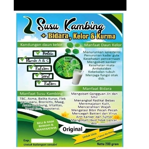 

( BISA COD )Susu kambing 200 Gram, Susu kambing bidara + kelor dan kurma, Susu Kesehatan bubuk, Susu Pembersih paru - paru, Susu kambing etawa