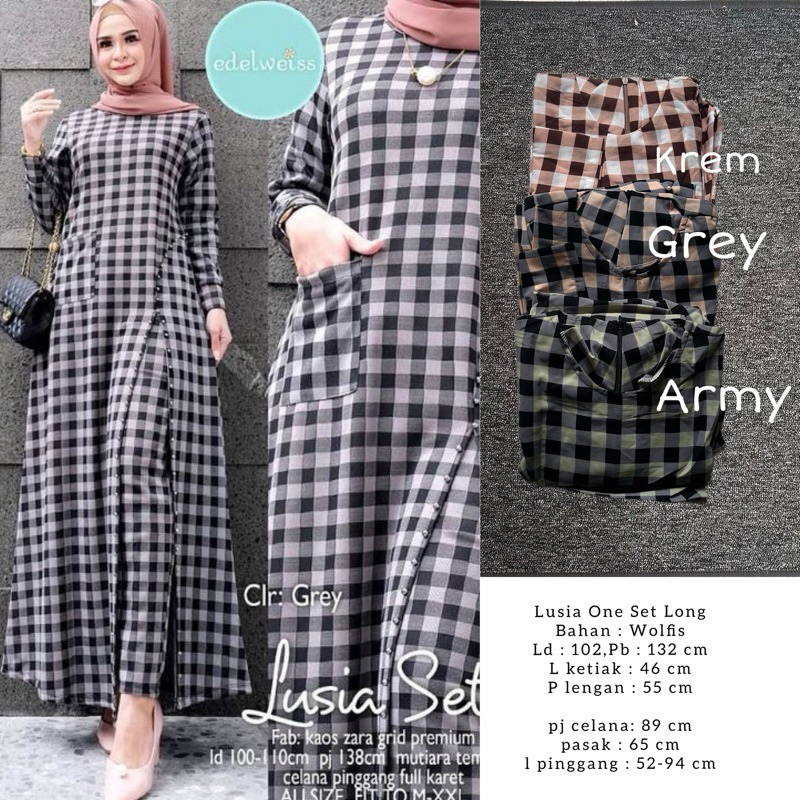 LUSIA ONESET SETELAN WOLFIS KOTAK SQUARE LONG TUNIK DRESS BELAH SET CELANA