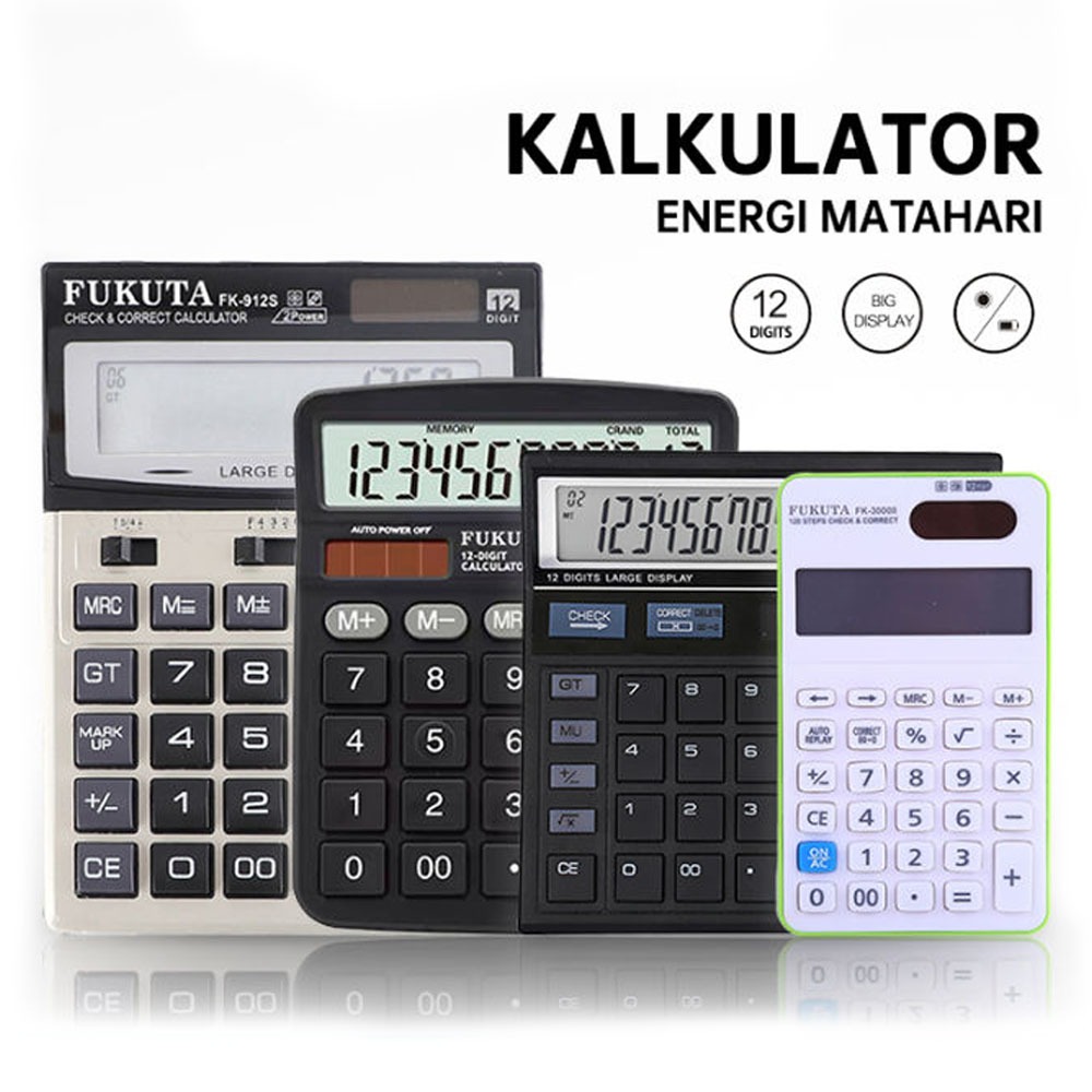 

Kalkulator Energi Matahari 12 Digit / Kalkulator Electronik / Kalkulator Kecil / Kakulator Dagang Besar / Alat Hitung / Calculator Check FUKUTA