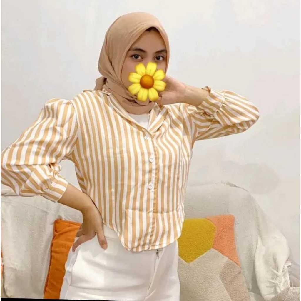 Zea Strip Shirt Atasan Kemeja Wanita Puff Crop Top M L XL XXL