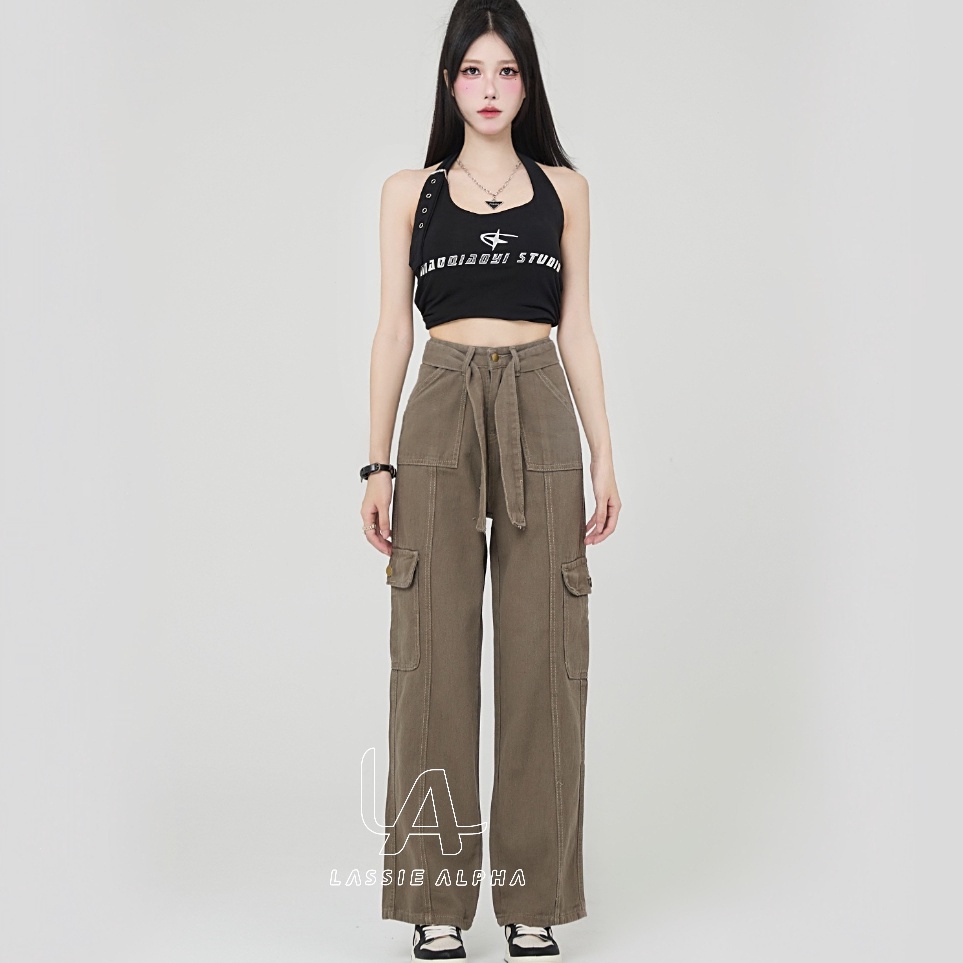 Tren CodeZz6Z Lassie alpha J41 celana cargo jeans wanita HW Celana panjang boyfriend jeans kulot cel