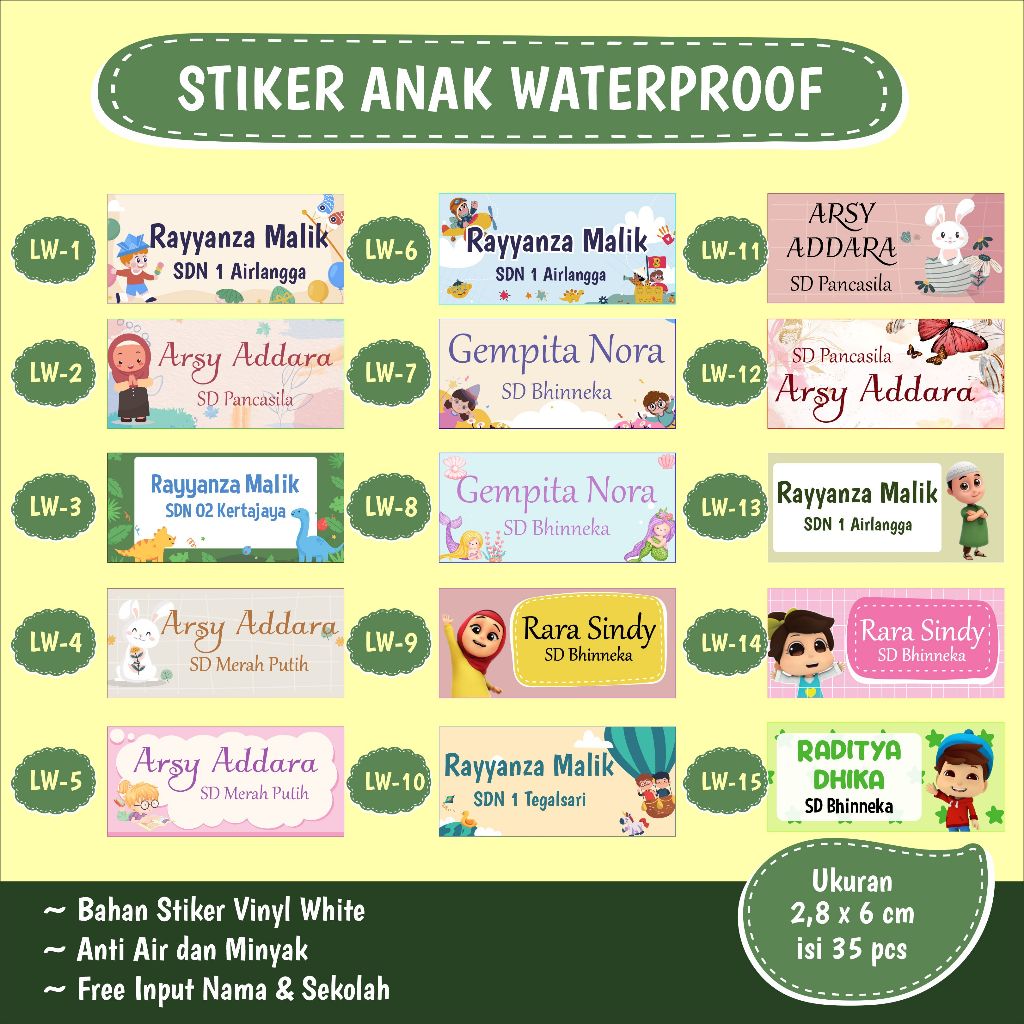 

Water proof Isi 35 pcs STIKER CUSTOM NAMA SEKOLAH ANAK | LABEL BUKU | STIKER BUKU PELAJARAN SAMPUL KARAKTER