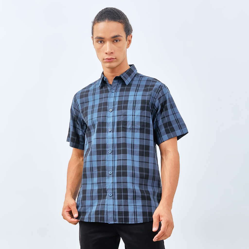 M231 Kemeja Pria Yarn Dyed Kotak Pendek Biru 0176