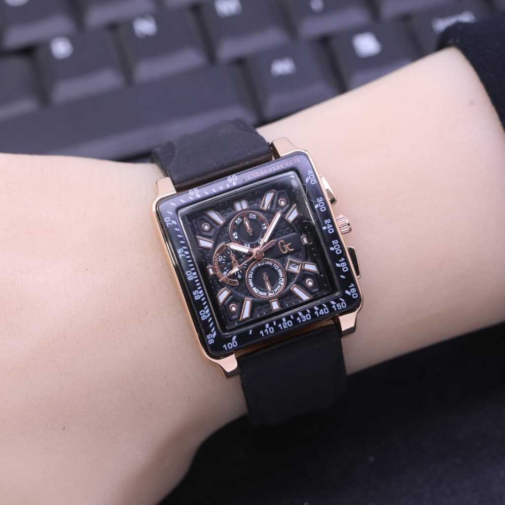 Jam Tangan Wanita GC Kotak Fitur Analog Strap Rubber Tanggal On