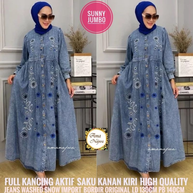 LD 130 | LD 110 Baju Gamis Jeans Washed Import Bordir Original SUNNY JUMBO MAXY