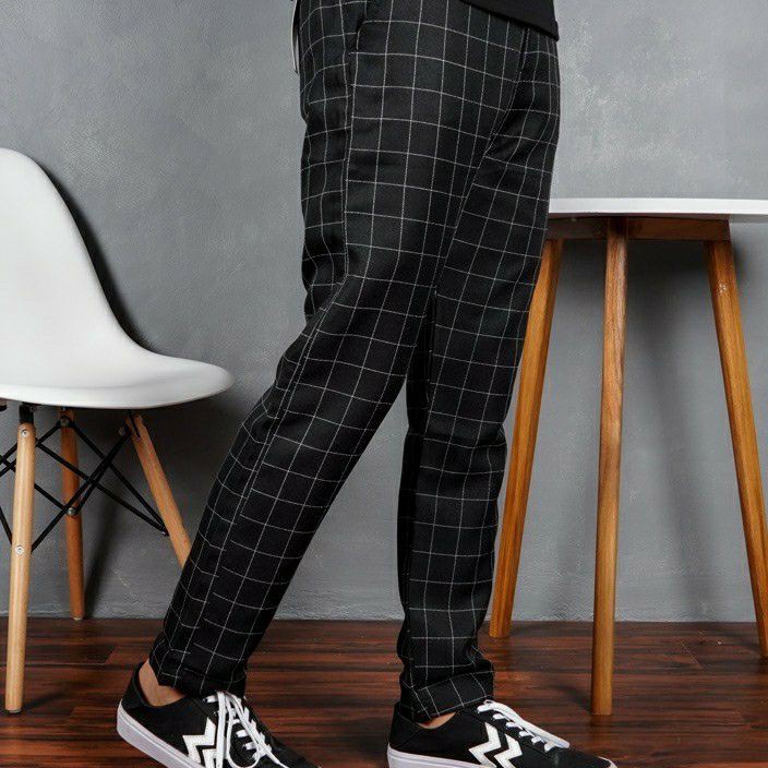1111 Celana Chino Tartan Pria Ankle Pants Motif Kotak Kotak Panjang Cowok Salur Model Korea Slim Fit