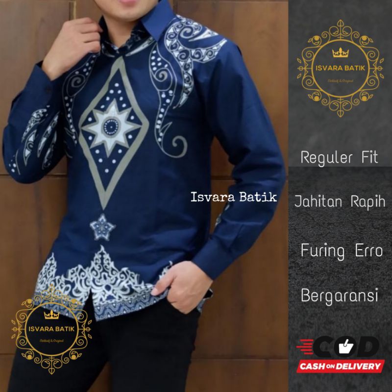 BINTANG NAVY Kemeja batik navy lengan panjang pendek lapis furing atasan batik pria warna biru navy 