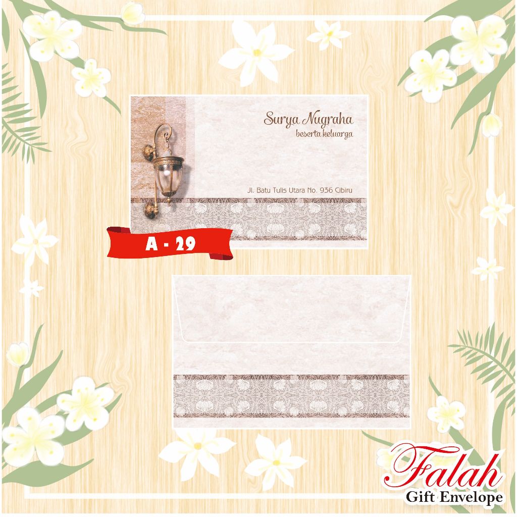 

Amplop Kondangan sudah isi nama per box isi 50 lembar motif Falah A 29