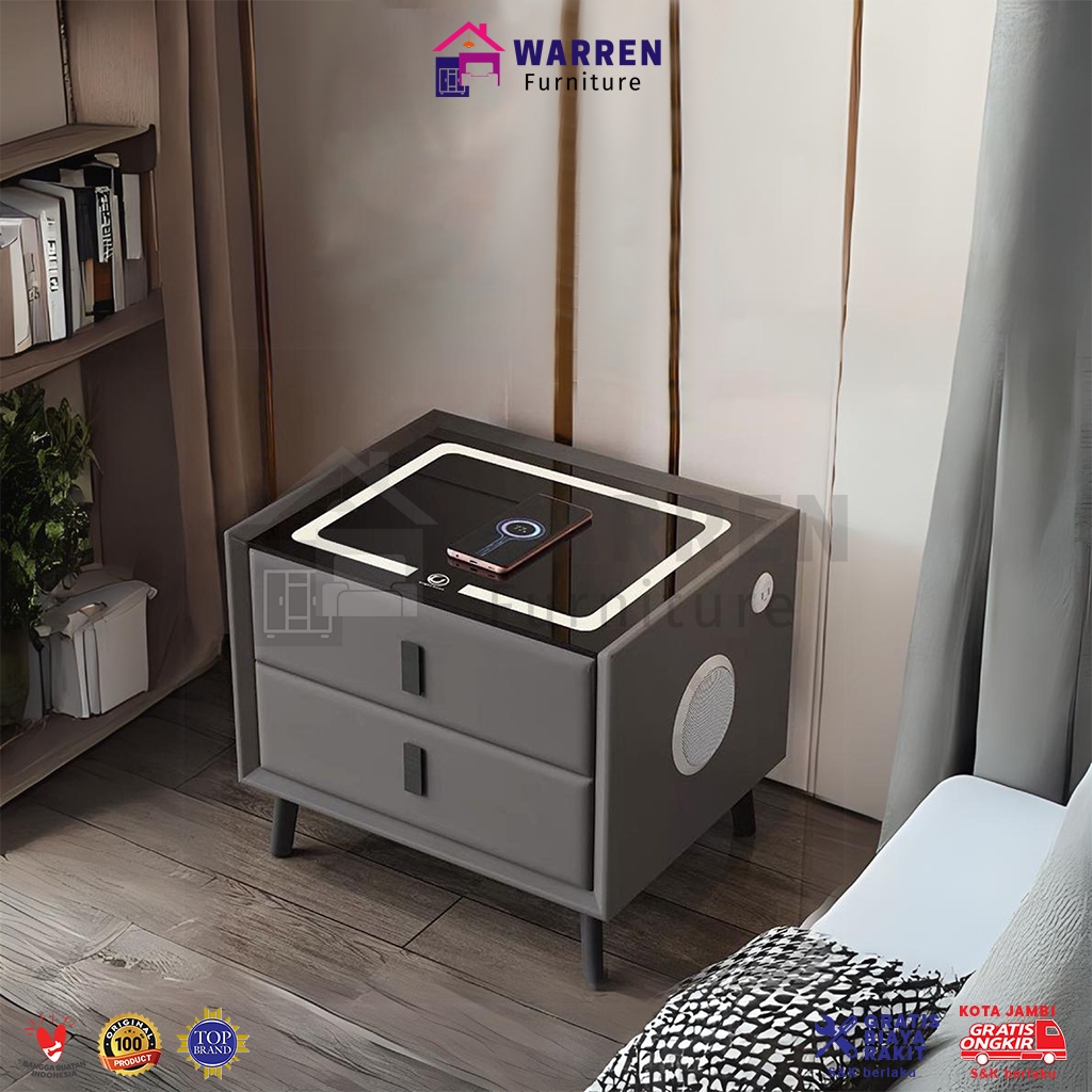 Nakas Bluetooth / smart bedside table / Rak laci / meja wireless charging + drawer + Lampu + Speaker