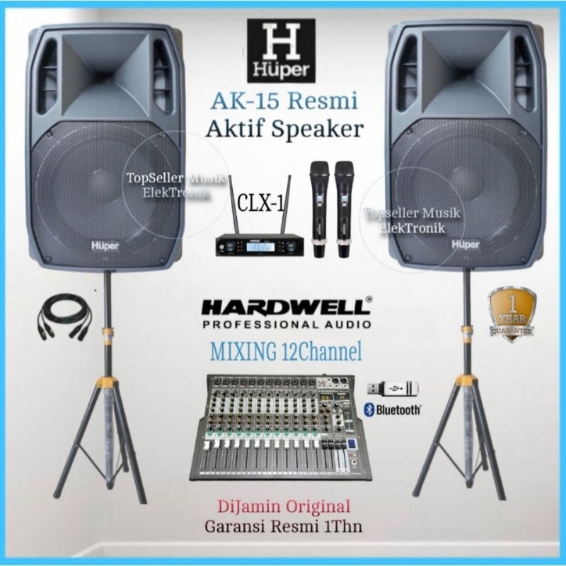 Set Paket Sound System Aktif HUPER AK 15 Mixer Hardwelln12Ch 2Mic Wireless Komplit