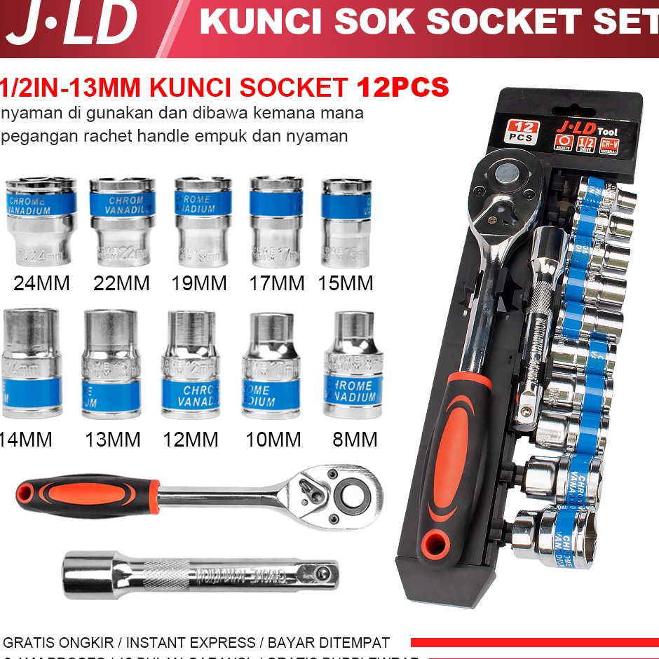 Mpn JLD 12in Kunci Set Socket Sok CRV 12pcs Kunci Sok Wrench Rachet alat perkakas lengkap motor Rach