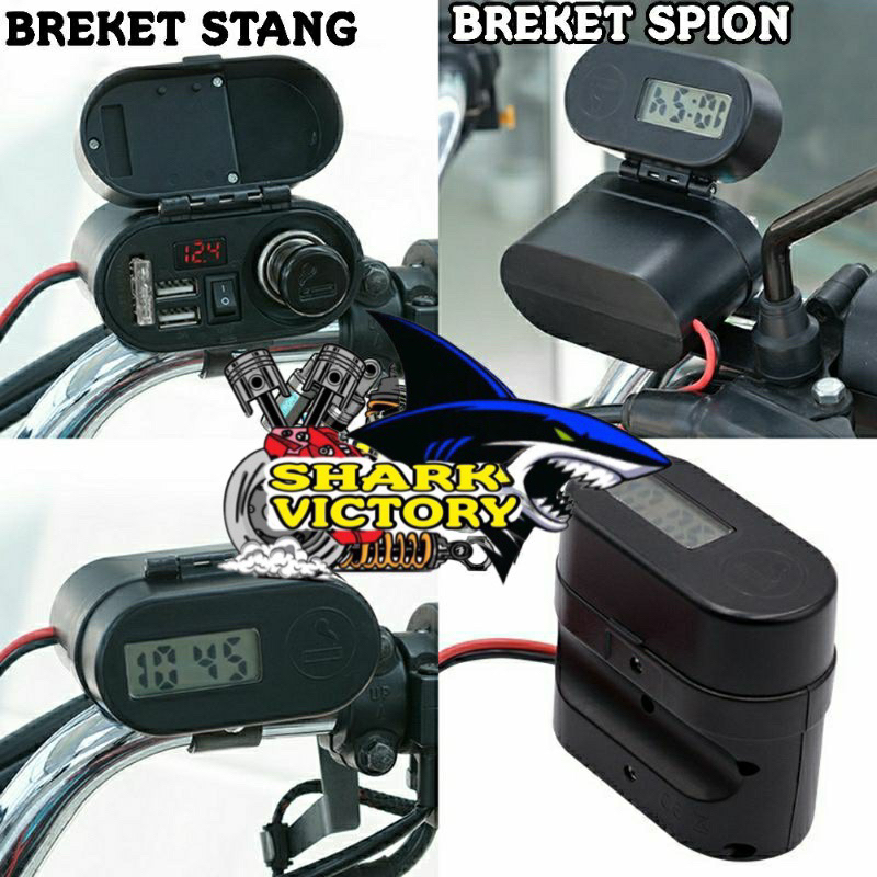 voltmeter-charger USB 3A-pematk-jam digital di bagian tutupnya lengkap breket stang dan spion