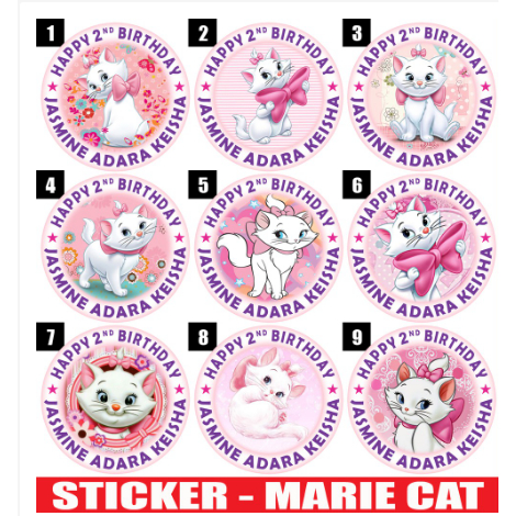 60 STIKER MARIE CAT LABEL BAG / KUE / SOUVENIR ULTAH ULANG TAHUN