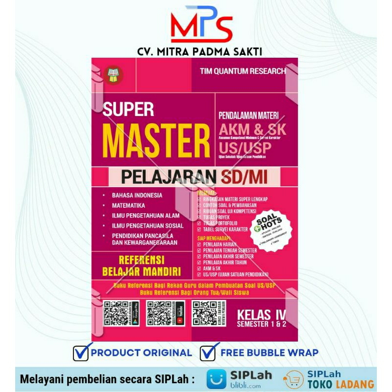 BUKU YRAMA WIDYA SUPER MASTER PERSIAPAN AKM & SK DAN PENDALAMAN MATERI US/USP SD/MI KELAS IV
