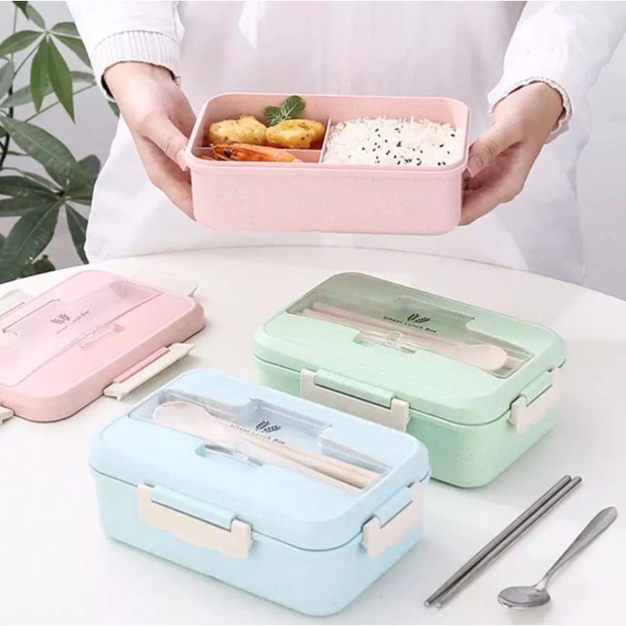 MGA - Lunch Box Set 2 Susun 1000ML Sekat 3 Kotak Bekal Makan Wheat Straw - Gandum Free Sendok Garpu 