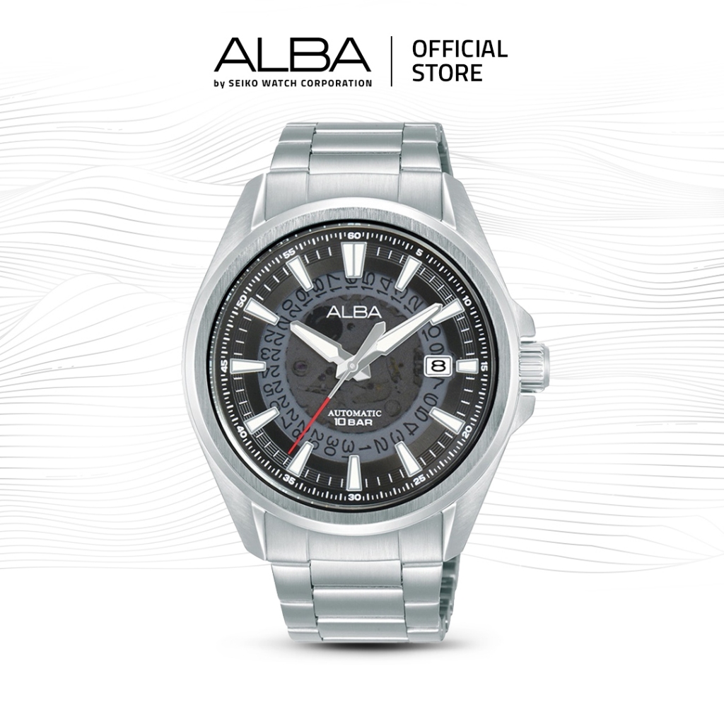 Alba Mechanical Jam Tangan Pria AU4031 / AU4031X1 Automatic Black Dial Stainless Steel Strap Watch