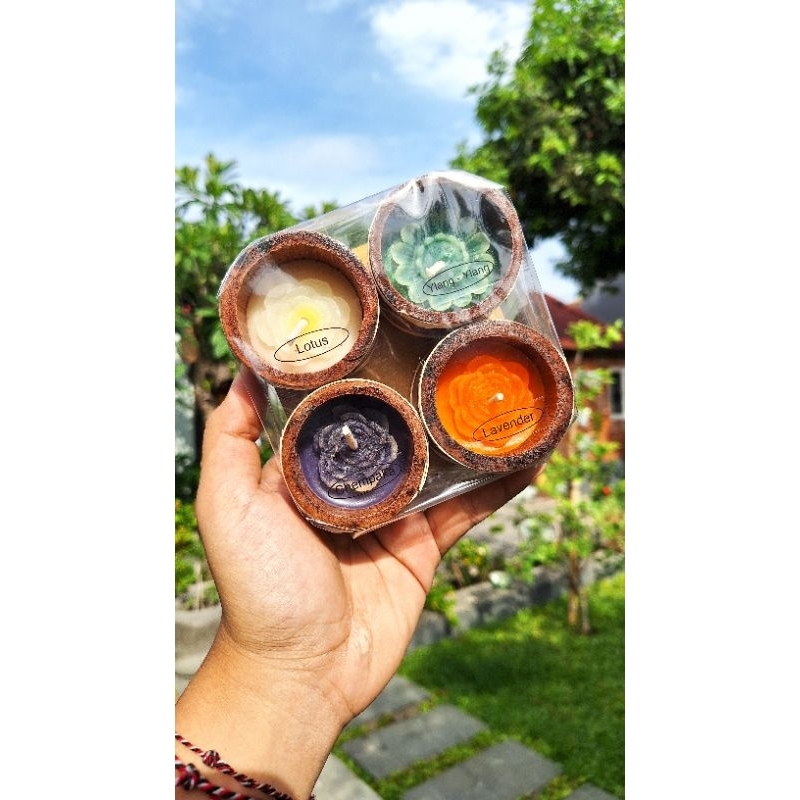 CRAFTDEWATA Lilin Mini Aromatherapy Lilin Bambu Khas Bali Motif Bunga Lilin Aroma Segar