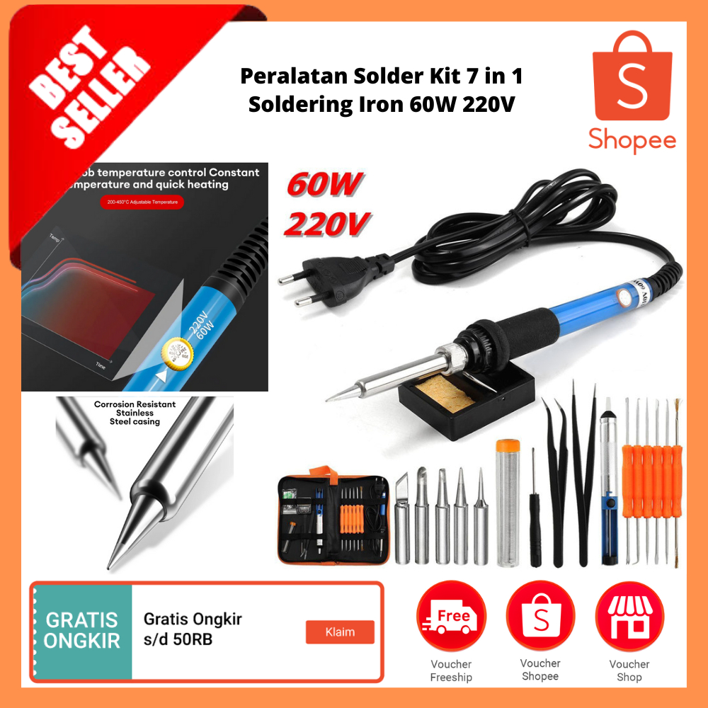 Peralatan Solder Kit 7 in 1 Soldering Iron 60W 220V / Solder listrik, alat perbaikan ujung pensil pa