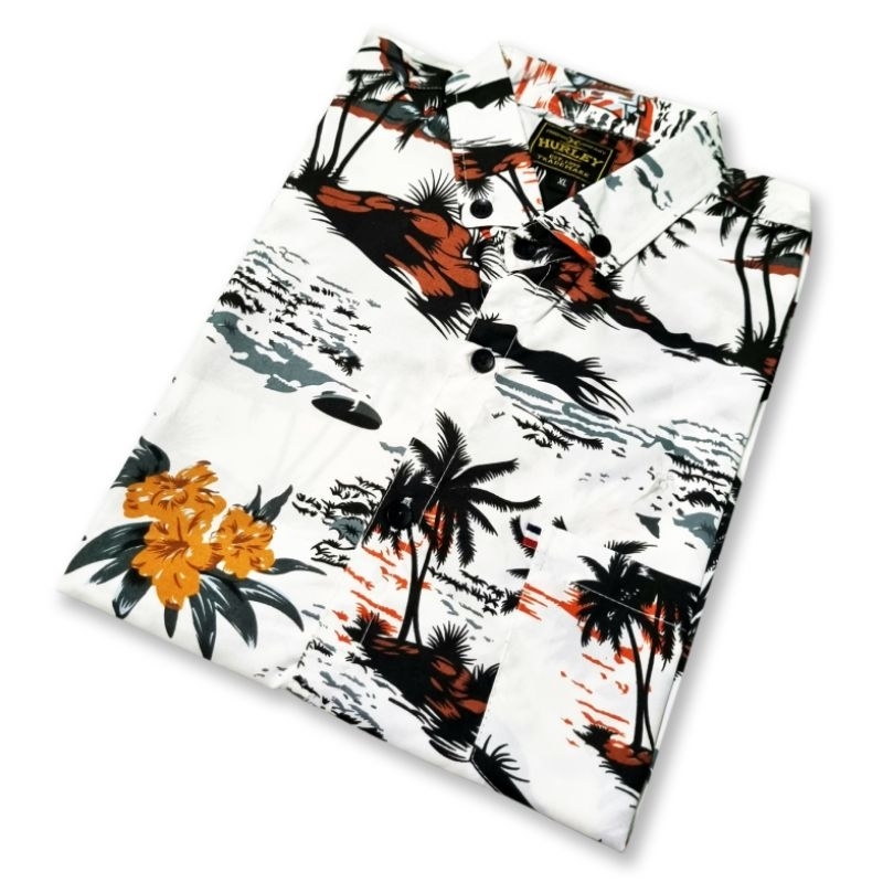 Kemeja Pantai Pria Wanita Hem Pria Motif Pohon Putih