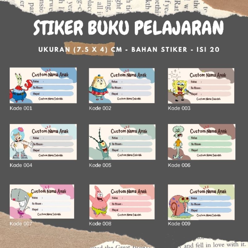 

spongebob custom nama - label stiker nama buku pelajaran anak sekolah - isi 40 pcs