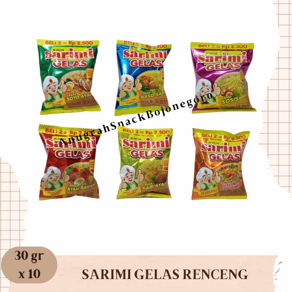 

Mi Instan Sarimi Gelas 30gr x 10 (Soto Ayam / Baso Sapi / Sosis / Ayam Bawang / Kari Ayam / Ayam Pedas Dower)