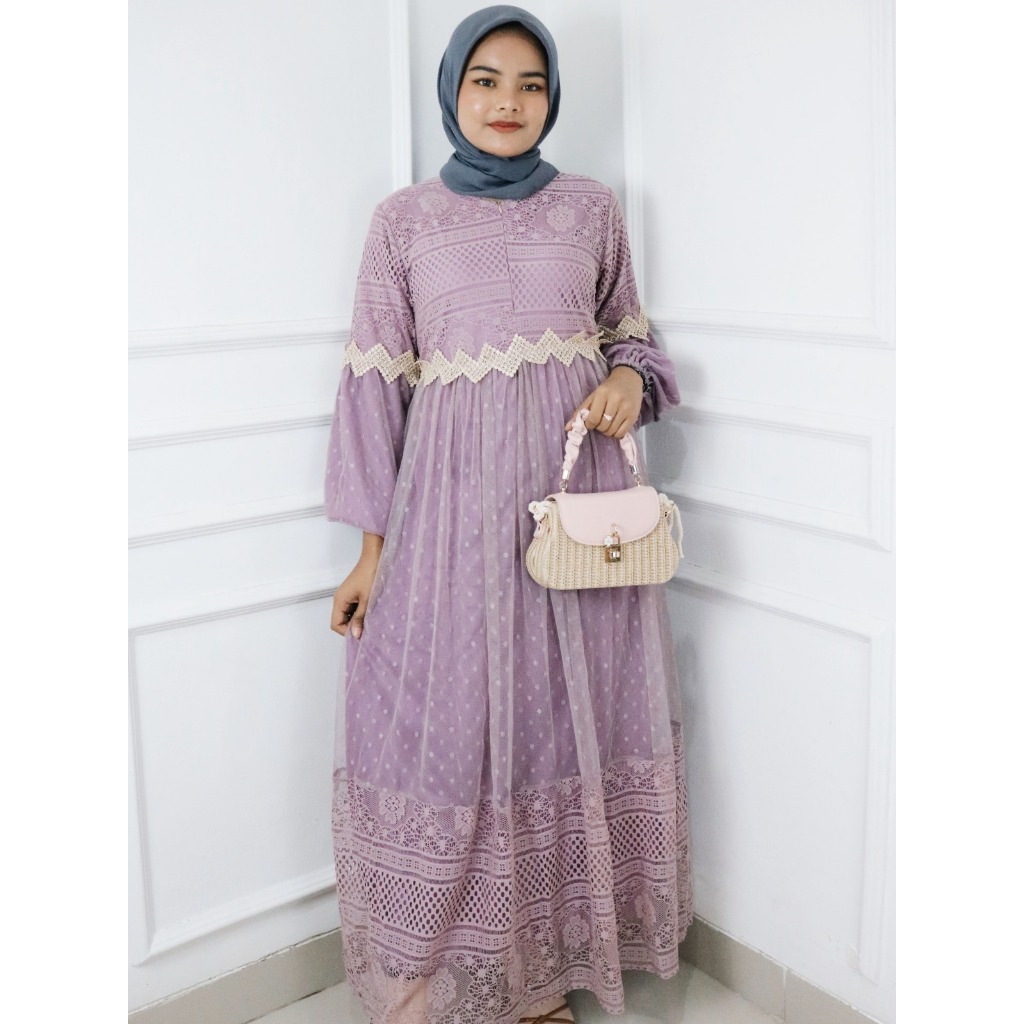 Gamis Wanita Terbaru Olivia Dress BO Bahan Brokat Mix Tile Full Puring Size M L XL XXL Busui Friendl