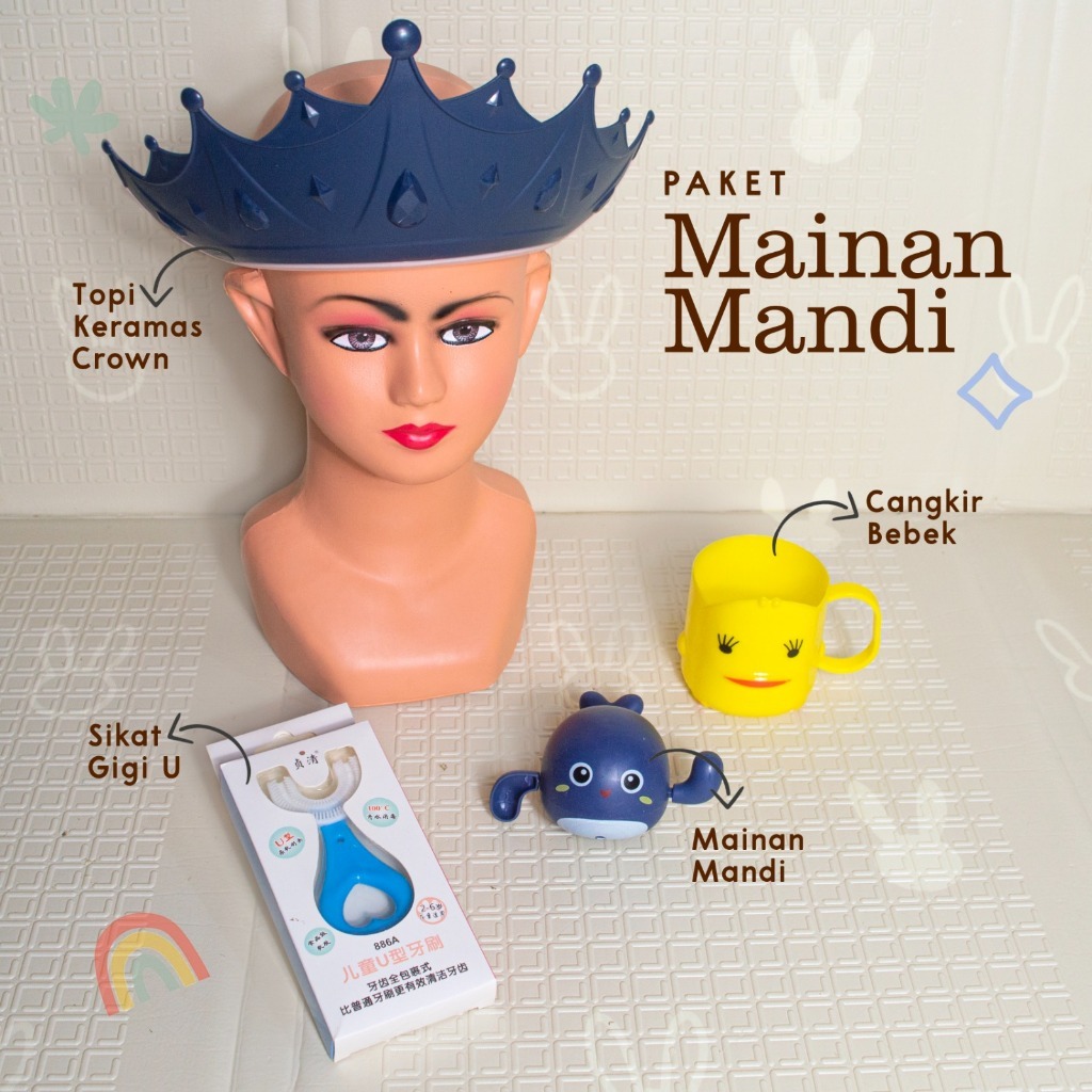 Paket mainan mandi sikat gigi U SIKAT GIGI silikon bayi anak Topi Keramas Bayi Anak Crown Baby Showe