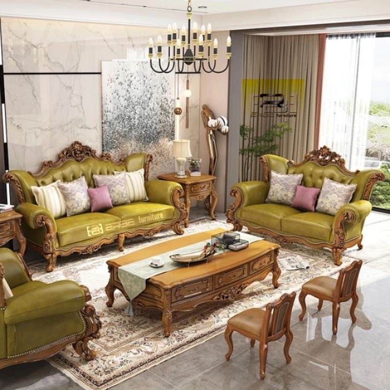 kursi sofa ruang tamu klasik mewah kayu jati 321+meja