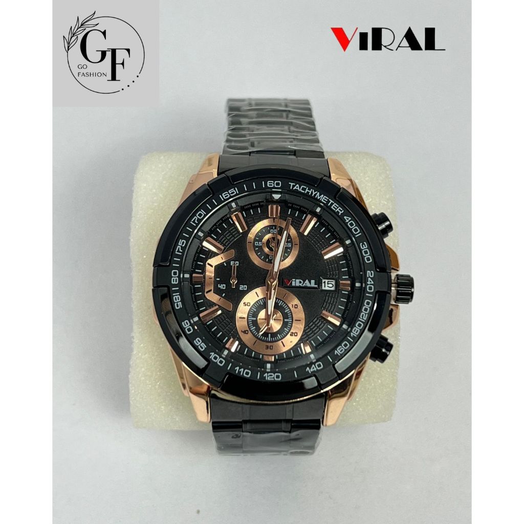 Jam Tangan PRIA Merk VIRAL Original Rose Gold Stainless Steel Chronography Style