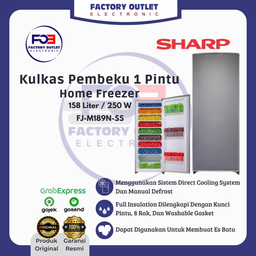 SHARP FJ-M189N-SS FJM-189 NSS Home Freezer Kulkas Pembeku 185 Liter 6 Rak Low Watt - Silver JABODETA